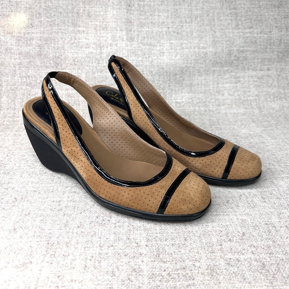 Cole Haan tan perforated suede & black patent‎ wedges heels size 6.5B slingback